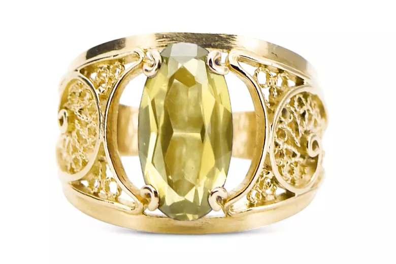 Жълт перидот 14K жълто злато Пръстен Винтидж стил vrc057y